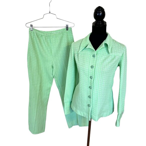 Vtg Womens Lime Green Pant Suit 1970s Diamond Print Button-Up Shirt Poly Medium - Picture 1 of 16
